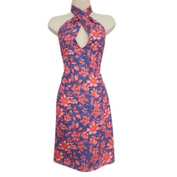 Belle Badgley Mischka Delilah Halter Dress Floral Coral and Blue Size 12 - Picture 1 of 14